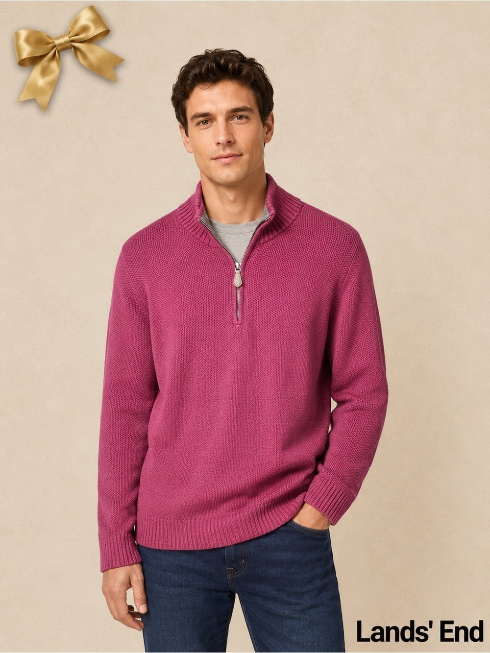 Lands End Mens 1/4 Zip Supima Cotton Sweater Burgundy Gray Small